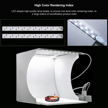 Mini studio portabil Lightbox PU5137 PULUZ, LED-uri incorporate + Panou LED Anti-Umbra, fundaluri multiple, fotografie/mini-filmulete de produs, 20x20cm, Alb