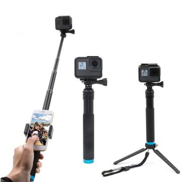 Selfie stick cu trepied si suport telefon Telesin pentru camere video sport, aluminiu, reglabil, 90cm, Negru