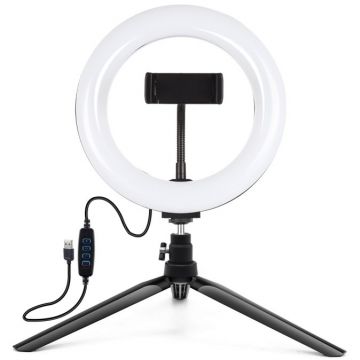 Accesoriu Camera Video de Actiune cu trepied si suport pentru telefon, 24-26 Lumeni, 96 Leduri, Reglare lumina, 20 cm, Negru