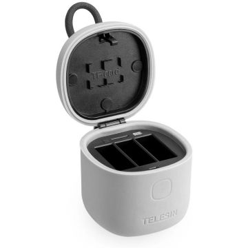 Accesoriu Camera Video de Actiune pentru GoPro Hero8 Black, incarcare simultana 3 baterii, cititor carduri TF, Gri