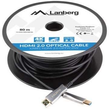 Cablu video Lanberg HDMI Male - HDMI Male, v2.0, 80m, negru-argintiu