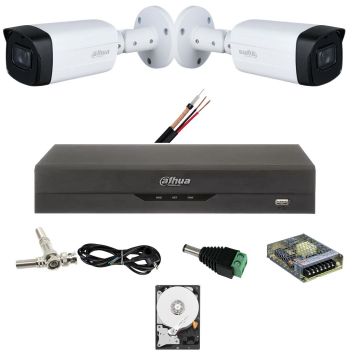 Kit 2 camere supraveghere Dahua 5 MP, IR 80M, lentila 3.6mm, Starlight, DVR Dahua 4 canale, 5 MP, Accesorii