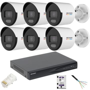 Kit 6 camere de supraveghere Hikvision IP,Lumina alba 30m, PoE, 5MP, lentila 2.8mm, NVR 8 canale IP, Accesorii