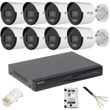Kit 8 camere de supraveghere Hikvision IP,Lumina alba 30m, PoE, 5MP, lentila 2.8mm, NVR 8 canale IP, Accesorii