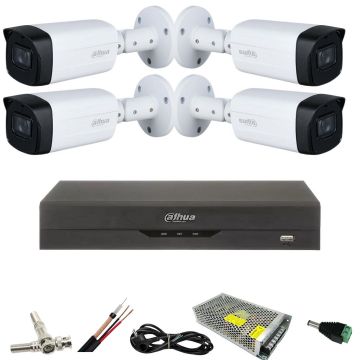 Kit cu 4 camere supraveghere Dahua 5 MP, IR 80M, lentila 3.6mm, Starlight, DVR Dahua 4 canale, 5 MP, Accesorii