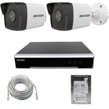 Kit de supraveghere Hikvision cu 2 camere, 2 Megapixeli, lentila 2.8mm, IR 30m, NVR Rovision, 4MP, 4 canale, POE
