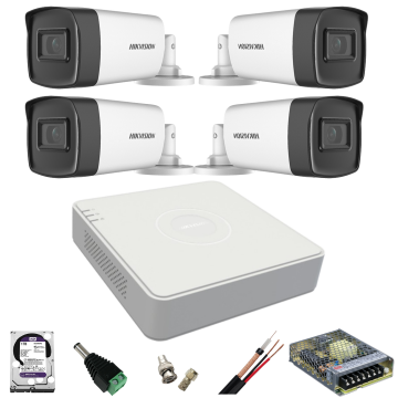 Kit de supraveghere Hikvision cu 4 camere de 2 Megapixeli, Infrarosu 40M, DVR cu 4 canale și accesorii incluse