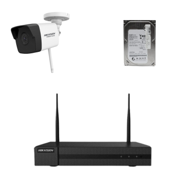 Kit de supraveghere Hikvision HiWatch cu o camera wireless 2MP, 30m IR, lentila 2.8mm, NVR 4 canale HDD inclus