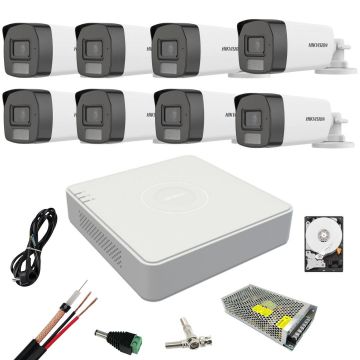 Kit supraveghere Hikvision 8 camere Dual Light 5 MP Lumina alba 40 IR 40 DVR 8 canale 4 MP Hard, Accesorii incluse