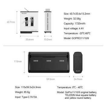 Set Incarcator triplu cu 2 acumulatoare compatibile cu GoPro Hero 9 / 10 / 11 de la Telesin GP-PT-G01, 1720 mAh, incarcare rapida
