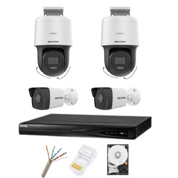 Sistem de supraveghere IP POE Hikvision cu 4 camere, 2 Camere Rotative 4MP cu lumină albă 30m, 2 camere bullet de 4 Megapixeli, Infraroșu 30m, Lentilă 2.8mm, NVR IP POE cu 4 canale, Accesorii