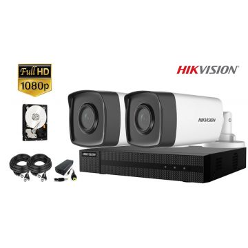 Kit complet supraveghere video Hikvision 2 camere 1080p FullHD, IR 40M, HDD 500GB