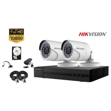Kit complet supraveghere video Hikvision 2 camere 1080P, IR 20M, HDD 250GB