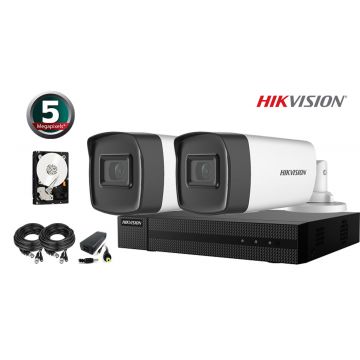 Kit complet supraveghere video Hikvision 2 camere 5MPX(2K+), IR 40M, HDD 500 GB