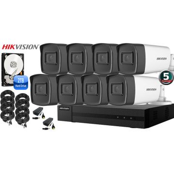 Kit complet supraveghere video Hikvision 8 camere 5 MP, IR 40, HDD 2TB