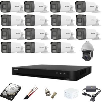 Sistem supraveghere mixt 16 camere Hikvision Dual Light DVR AcuSense 8 MP cu accesorii incluse HDD 4TB