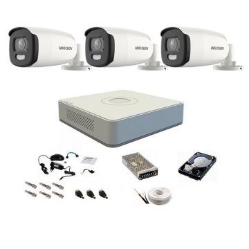 Sistem complet de supraveghere, 5 Mp, Hikvision, 3 camere ColorVU cu lumina alba 40 m, color noaptea