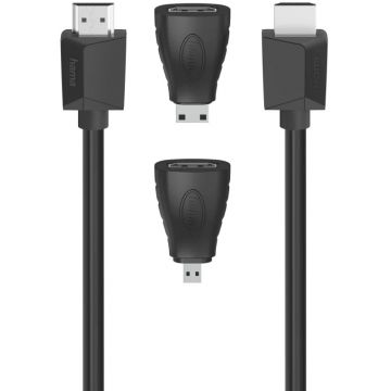Cablu video Hama HDMI Male - HDMI Male, v2.0, 1.5 m, Negru + Adaptor Micro & Mini