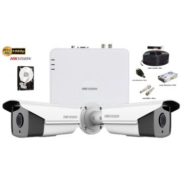 Kit complet supraveghere Hikvision 2 camere 1080p Full HD,IR 80m