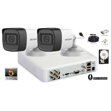 Kit complet supraveghere Hikvision 2 camere 5 Megapixeli, IR30m, microfon incorporat 