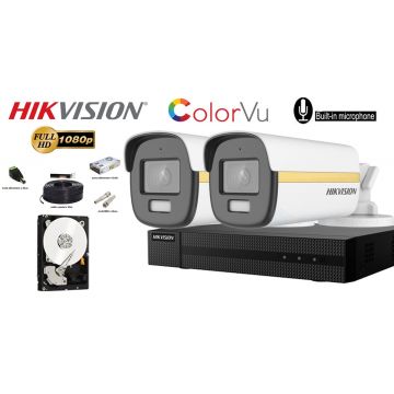 Kit complet supraveghere Hikvision 2 camere ColorVu 2MP Full HD 1080p,IR 40m