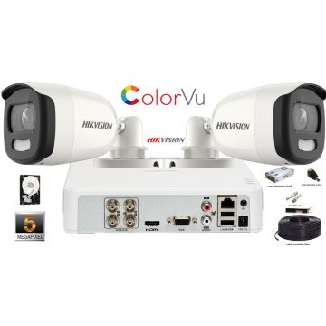 Kit complet supraveghere Hikvision 2 camere de exterior ColorVu 5MP,IR 20m