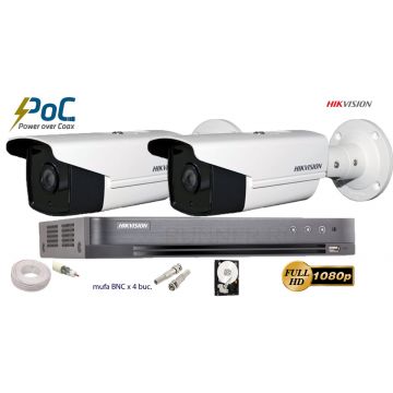 Kit complet supraveghere Hikvision 2 camere de exterior POC TurboHD 2MP 1080p,IR 80m