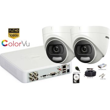 Kit complet supraveghere Hikvision 2 camere de interior ColorVu Hibrid, 2MP Full HD 1080p, IR 20m