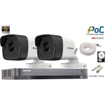 Kit complet supraveghere Hikvision 2 camere POC TurboHD 5MP(2K+),IR 80m