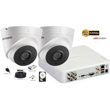 Kit complet supraveghere Hikvision 2 camere Ultra Low-Light 2MP Full HD 1080P, IR 60 m