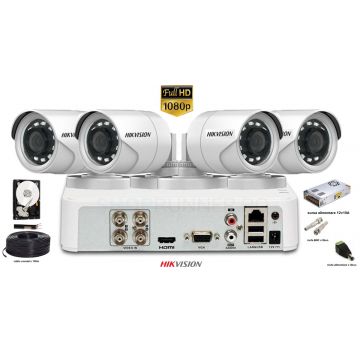 Kit complet supraveghere Hikvision 4 camere de exterior 2MP Full HD 1080p, IR 20m