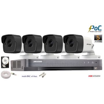 Kit complet supraveghere Hikvision 4 camere de exterior POC TurboHD 5MP(2K+),IR 80m