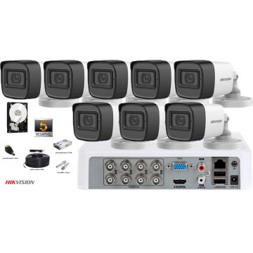 Kit complet supraveghere Hikvision 8 camere de exterior,4 in 1,Ultra Low-Light,5MP(2K+), IR 30m