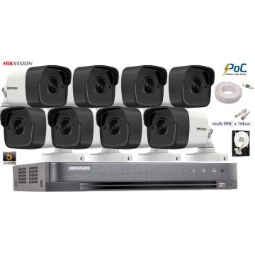 Kit complet supraveghere Hikvision 8 camere de exterior POC TurboHD 5MP(2K+),IR 20m