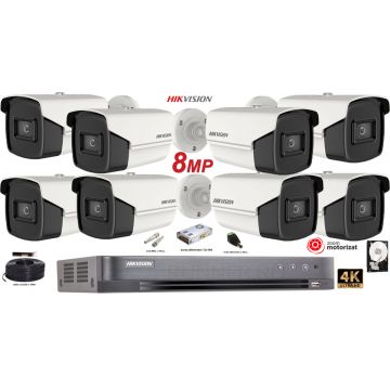 Kit complet supraveghere Hikvision 8 camere de exterior Zoom motorizat,Lentila varifocala,TurboHD 8MP(4K),IR 80m