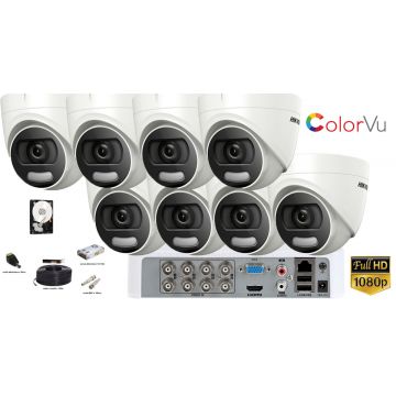 Kit complet supraveghere Hikvision 8 camere de interior ColorVu Hibrid,2 MP Full HD 1080p, IR 20m