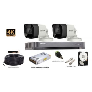 Kit complet supraveghere video 2 camere Hikvision 8 MP (4K), IR 60M, HDD 1 TB