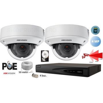 Kit complet supraveghere video 2 camere IP Hikvision 4MP, lentila varifocala 2.8 - 12 mm,SD-card, IR 30M