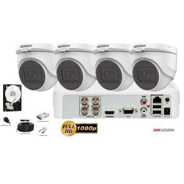 Kit complet supraveghere video 4 camere de interior FullHD Hikvision, IR 30M, microfon incorporat