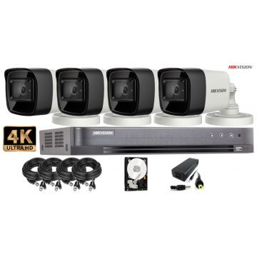 Kit complet supraveghere video 4 camere Hikvision 8 MP (4K), IR 60M