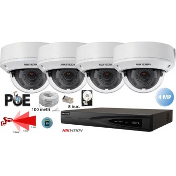 Kit complet supraveghere video 4 camere IP Hikvision 4MP(2K), lentila varifocala 2.8 - 12mm, IR 30M