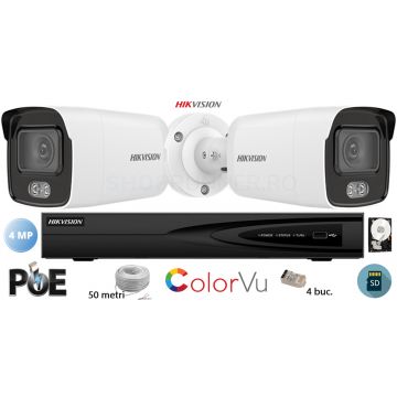 Kit complet supraveghere video Hikvision 2 camere IP ColorVU 4MP(2K), SD-card, IR 30m
