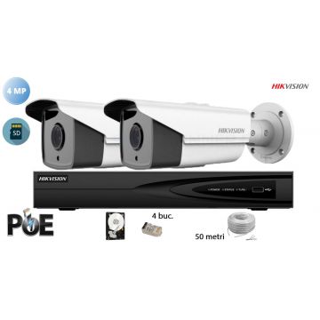 Kit complet supraveghere video Hikvision 2 camere IP de exterior, 4MP(2K), SD-card, IR 60m