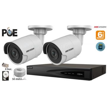 Kit complet supraveghere video Hikvision 2 camere IP de exterior, 6MP(3K), SD-card, IR 30m