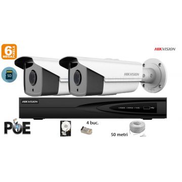 Kit complet supraveghere video Hikvision 2 camere IP de exterior, 6MP(3K), SD-card, IR 60m