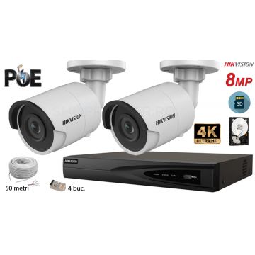 Kit complet supraveghere video Hikvision 2 camere IP de exterior, 8MP(4K), SD-card, IR 40m