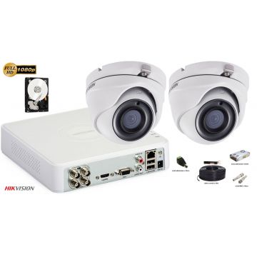 Kit complet supraveghere video Hikvision 2 camere Ultra Low-Light, 2 MP Full HD, IR 30M