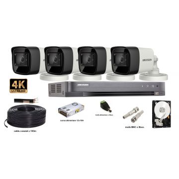 Kit complet supraveghere video HIKVISION 4 camere 8 MP(4K), IR 30M, HDD 2 TB