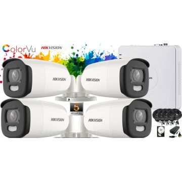 Kit complet supraveghere video Hikvision 4 camere ColorVU FullTime, 5MP(2K+), IR 40M