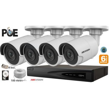 Kit complet supraveghere video Hikvision 4 camere IP, 6MP(3K), SD-card, IR 30m